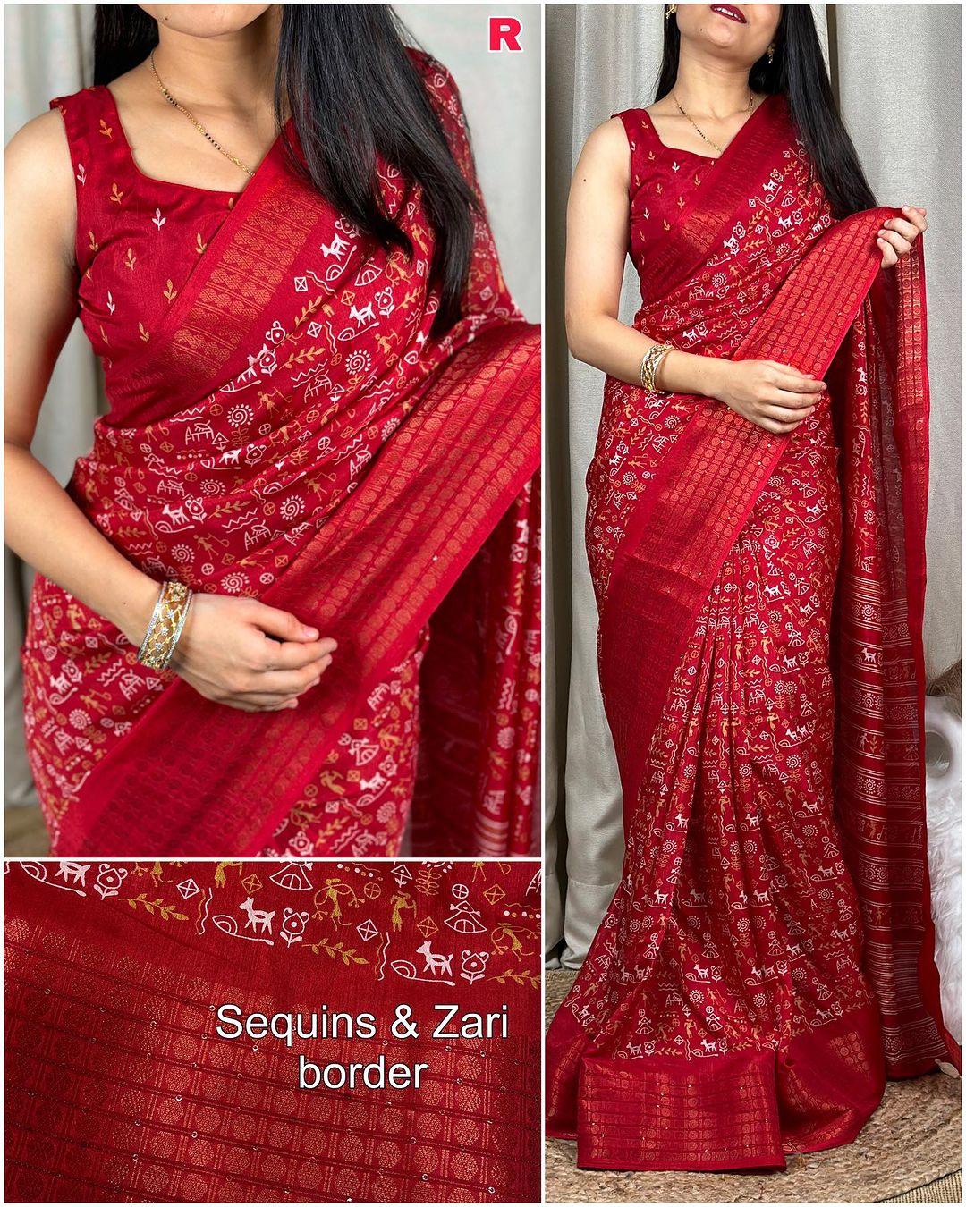 Kalamkari print saree with sequin & zari boder with printed blouse - Swaraas