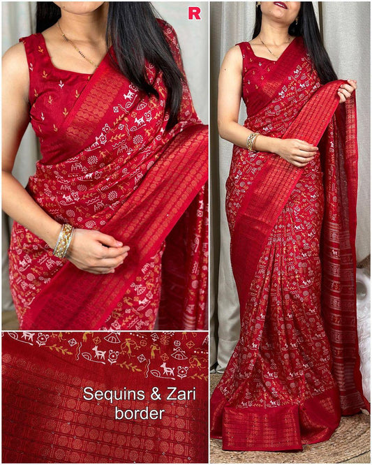 Kalamkari print saree with sequin & zari boder with printed blouse - Swaraas