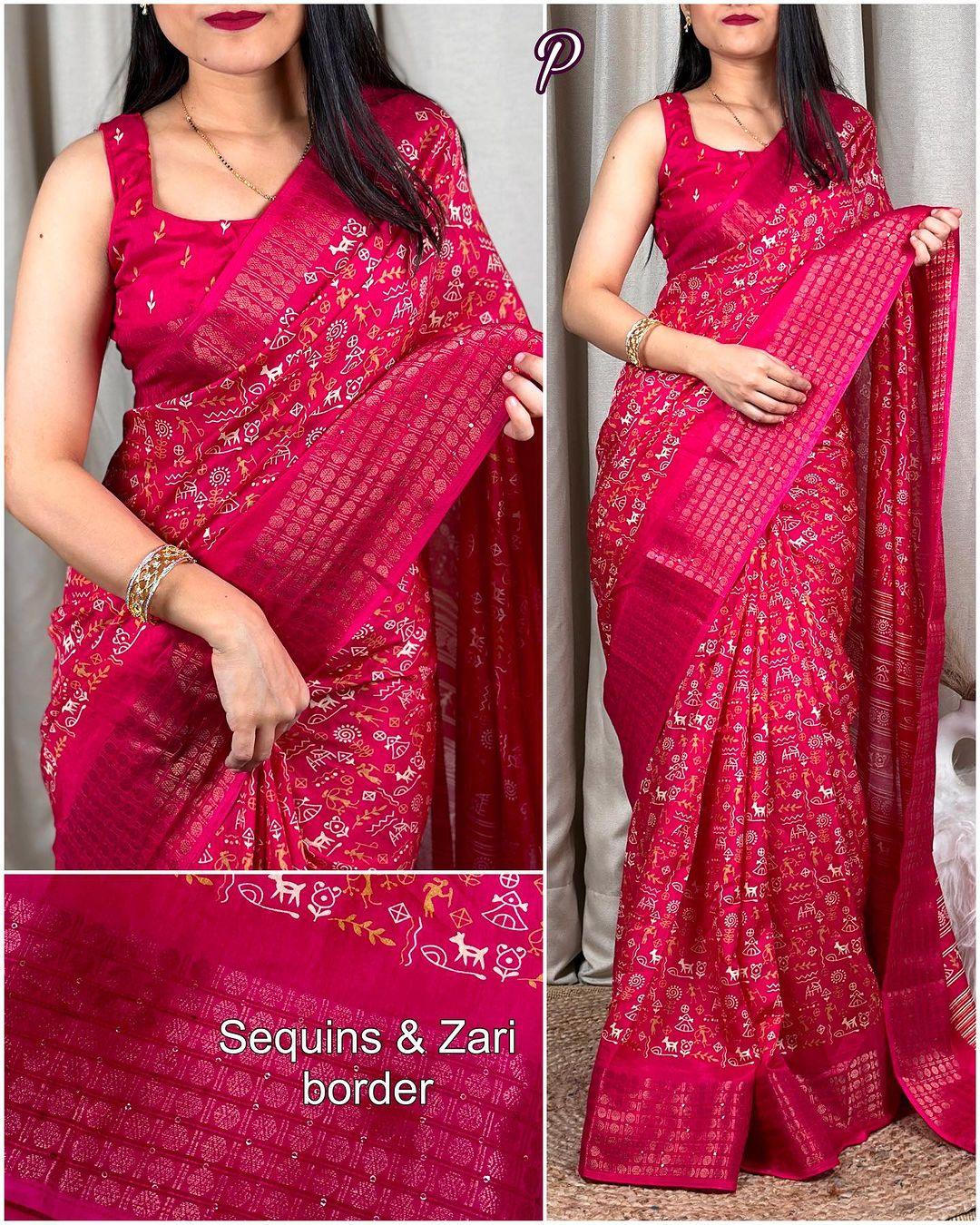 Kalamkari print saree with sequin & zari boder with printed blouse - Swaraas