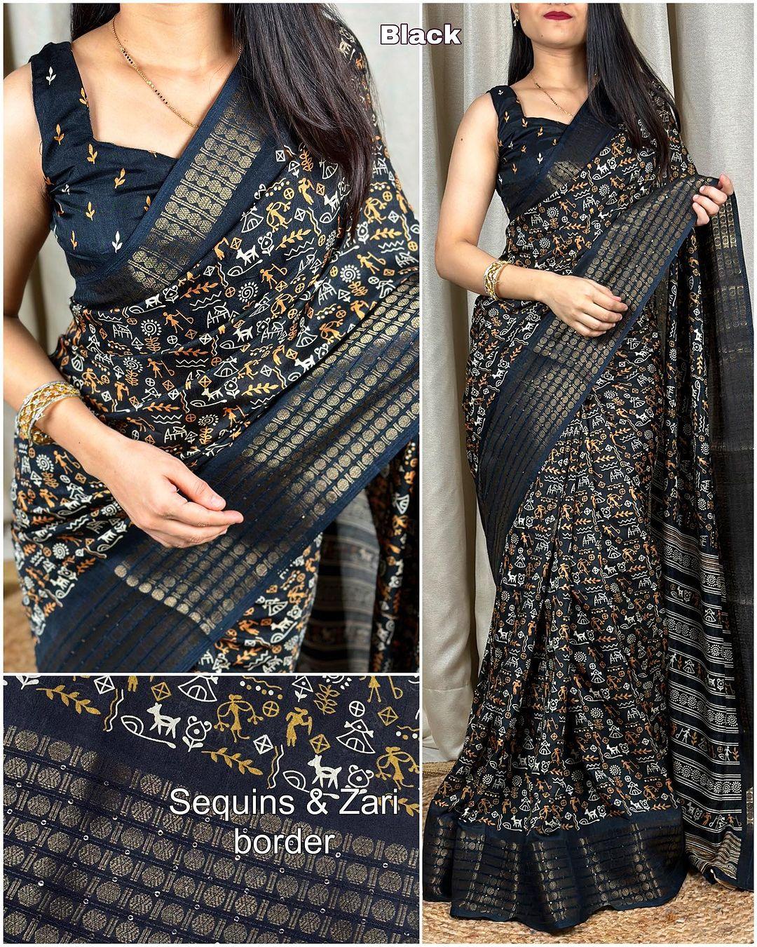 Kalamkari print saree with sequin & zari boder with printed blouse - Swaraas