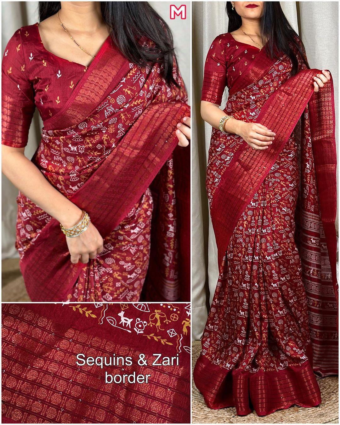 Kalamkari print saree with sequin & zari boder with printed blouse - Swaraas