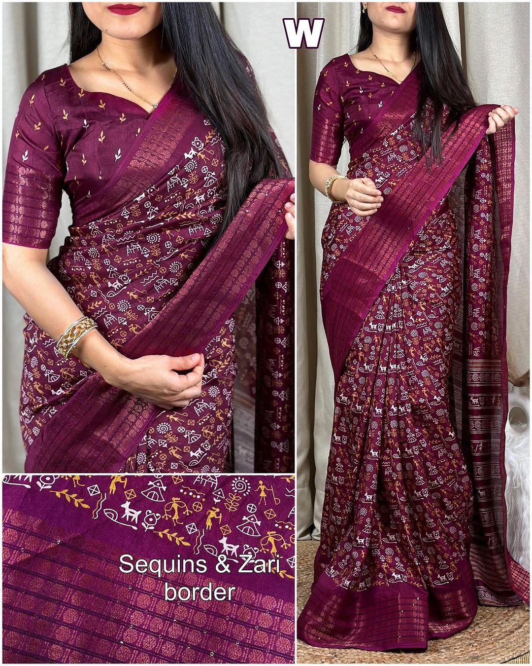 Kalamkari print saree with sequin & zari boder with printed blouse - Swaraas
