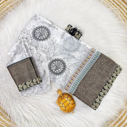 Designer Dola Silk Saree with Kalamkari Print, Jacquard Border & Lace – 6.3 Meters with Blouse