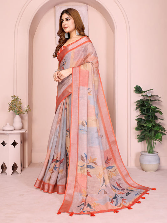 Pastel Peach and Grey Linen Saree with Floral Print, Coral Border and Tasselled Pallu, 6.3 m with Running Blouse