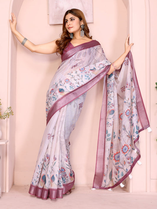 Lavender Grey Floral Print Linen Saree with Mauve Border and Tassel Pallu, 6.3 Metres with Running Blouse for Office Wear