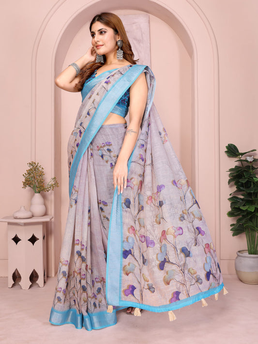 Lavender Grey Linen Saree with Multicolour Floral Print and Sky Blue Border, 6.3 Metres with Running Blouse for Office Wear