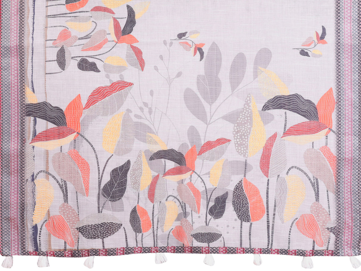 Silver Grey Linen Saree with Multicolour Botanical Print, Patterned Border and Running Blouse for Office Wear