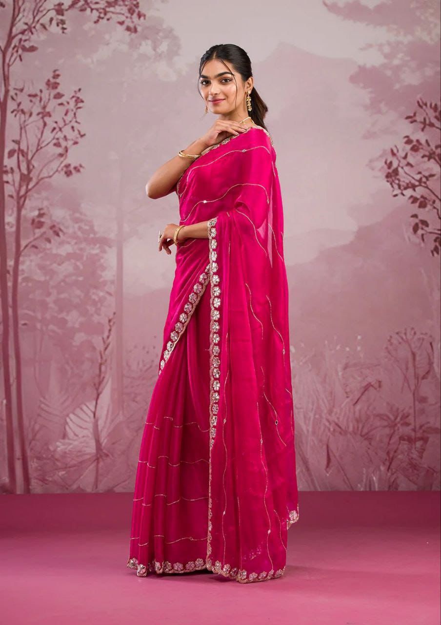 Soft Burberry Silk Saree with Embroidery & Real Mirror Work | Cut Work Border | 6.3 Meters with Matching Blouse