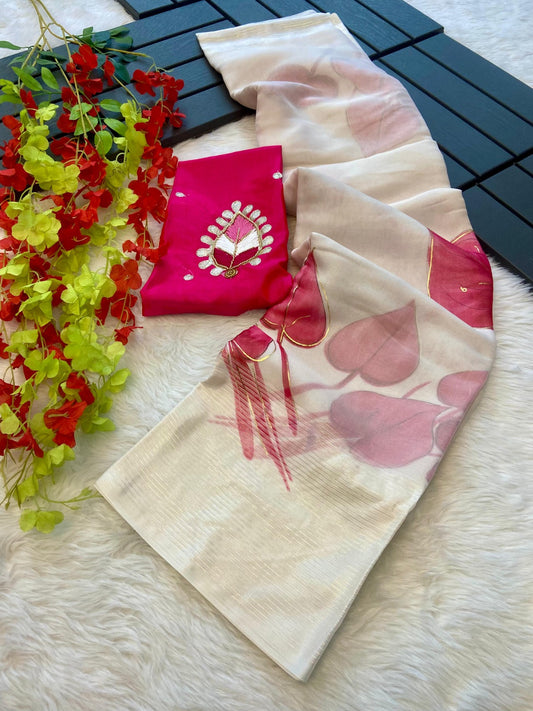 Soft organza saree with fflower print and lining border all over  - Swaraas