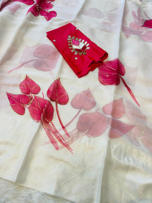 Soft organza saree with fflower print and lining border all over  - Swaraas