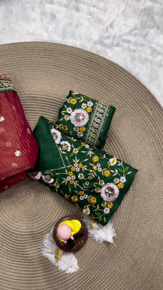 Premium Banarasi Crush Saree with Multithread Sequin Embroidery & Lace Border | Designer Partywear with Embroidered Satin Blouse