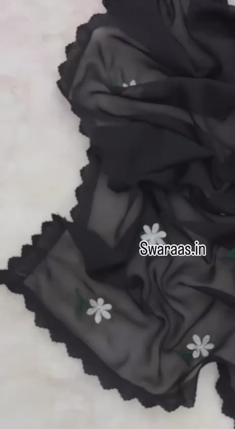 Magic Georgette Designer Saree with Gamthi Thread Work & Cutwork Border | Banglori Sequin Blouse – Swaraas