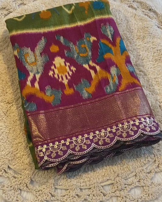 Premium Soft Silk Saree with All-Over Ikkat Prints and Magam Sequin Lace Border – Unstitched Designer Blouse Included