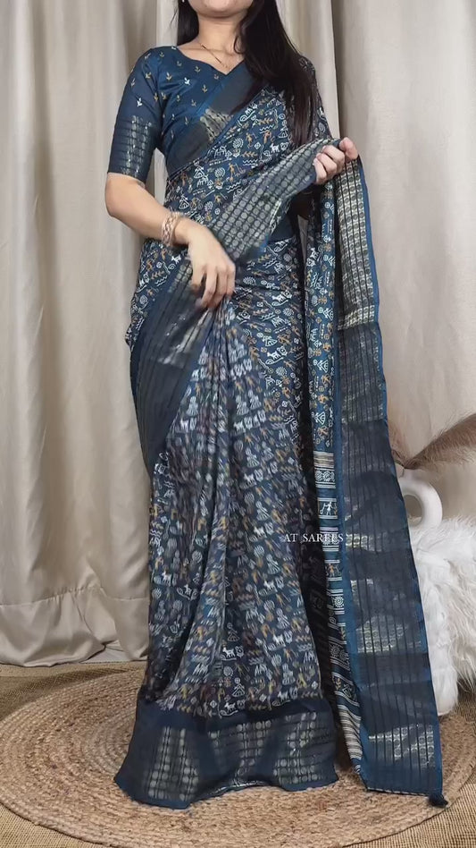 Soft Dola Silk Kalamkari Print Saree with Sequin & Zari Border | Printed Blouse – Swaraas