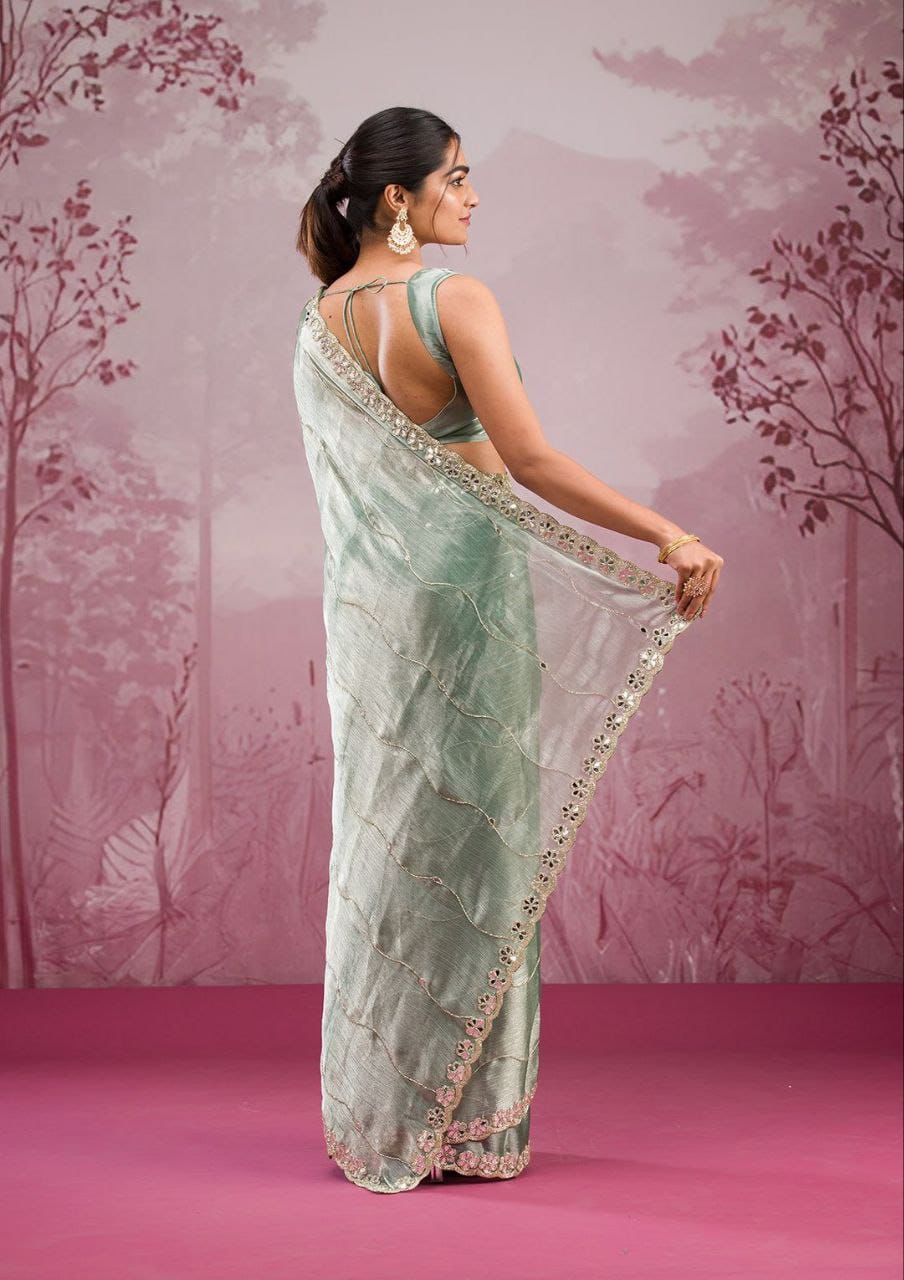 Soft Burberry Silk Saree with Embroidery & Real Mirror Work | Cut Work Border | 6.3 Meters with Matching Blouse