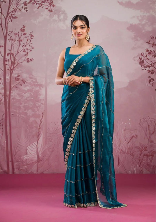 Soft Burberry Silk Saree with Embroidery & Real Mirror Work | Cut Work Border | 6.3 Meters with Matching Blouse