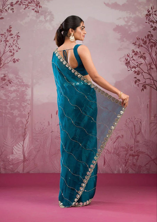 Soft Burberry Silk Saree with Embroidery & Real Mirror Work | Cut Work Border | 6.3 Meters with Matching Blouse