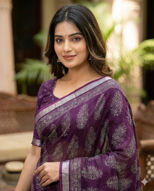 Heavy Poly-Cotton Ajrakh Print Saree with Silver Zari Border