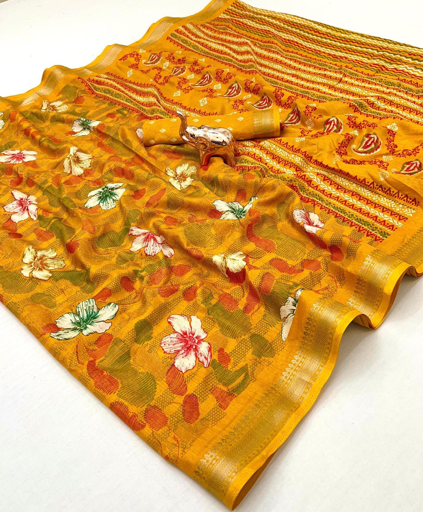 Lightweight Cotton Blend Saree with Floral Prints & Silver Zari Border | Designer Saree with Printed Blouse