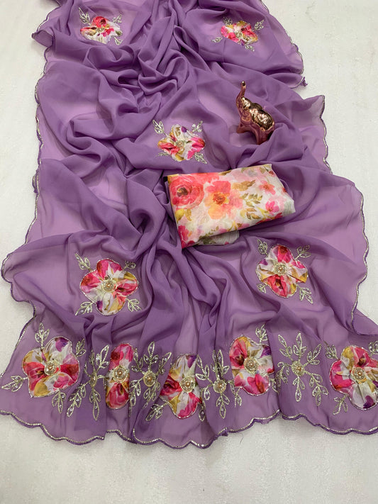 Heavy star georgette with flower digital printed , thread work and khatli work with moti work