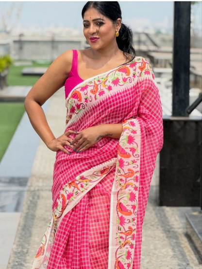 Pink Checks Linen Saree with Floral Ikat Border & Running Blouse – 6.30 Mtrs | Swaraas