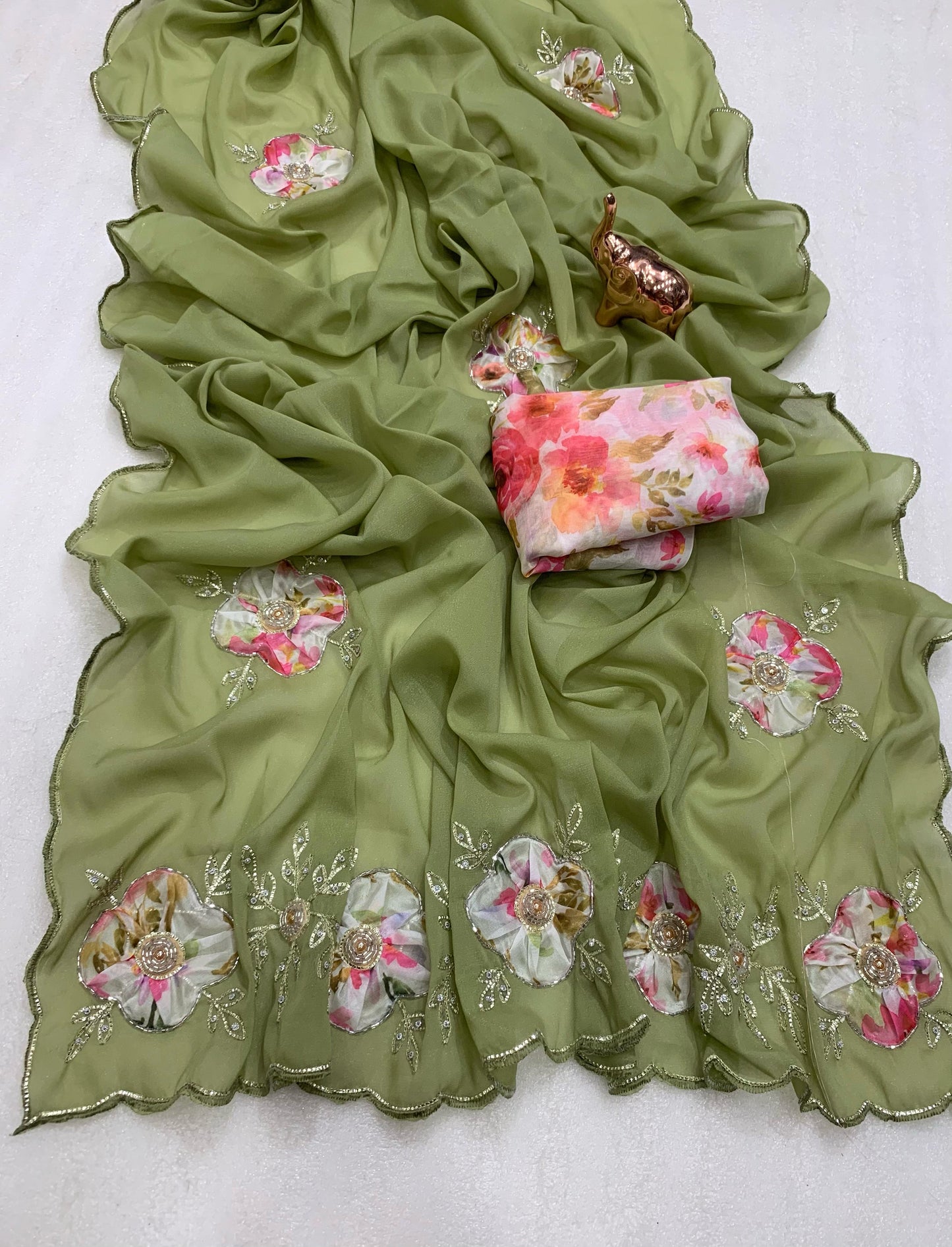 Heavy star georgette with flower digital printed , thread work and khatli work with moti work