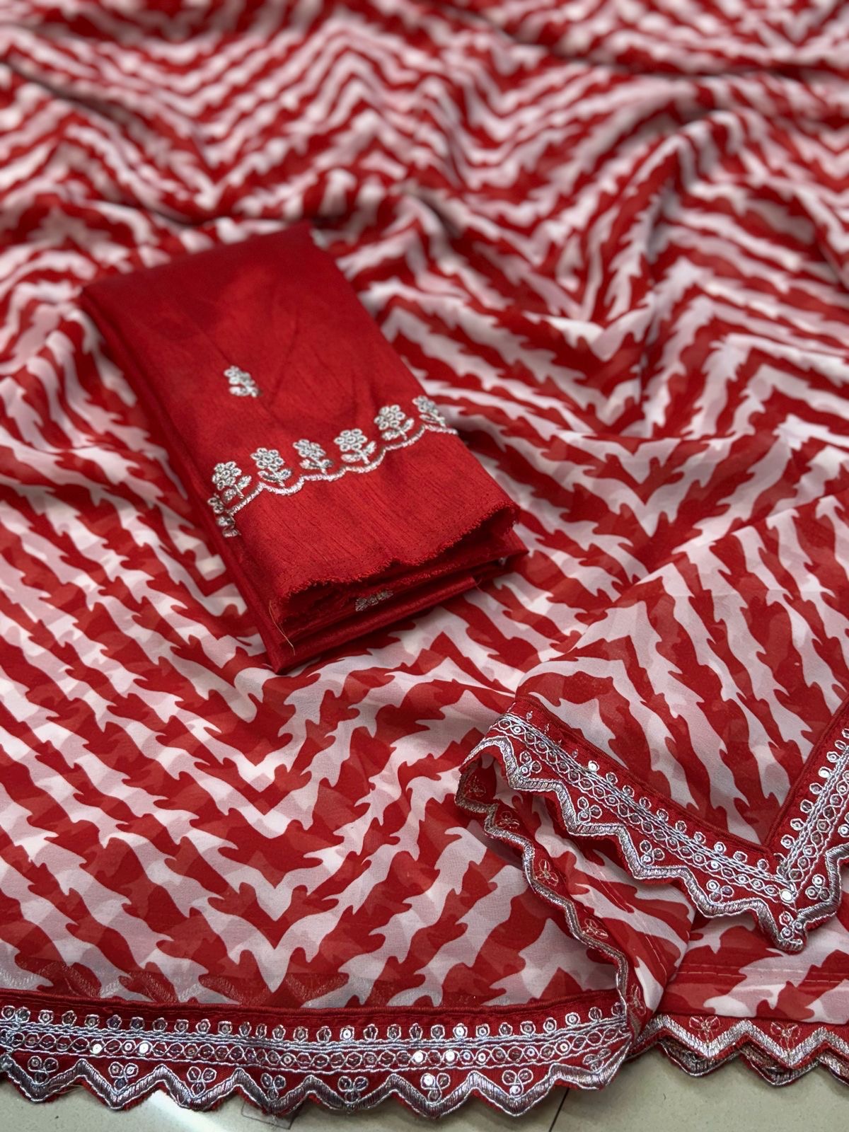 Lehriya Georgette Printed Saree with Heavy Sequin Lace Border & Silk Embroidered Blouse – Lahriya Special Collection