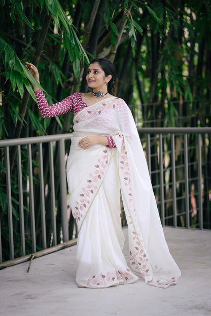 Premium Crushed Georgette Designer Saree in White Leaf Edition with Batik Print Crape Silk Blouse