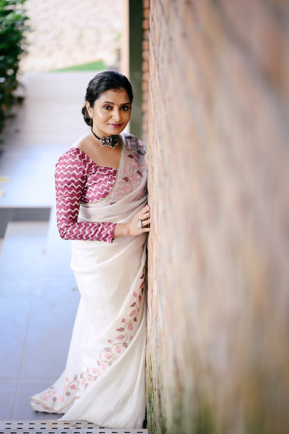 Premium Crushed Georgette Designer Saree in White Leaf Edition with Batik Print Crape Silk Blouse