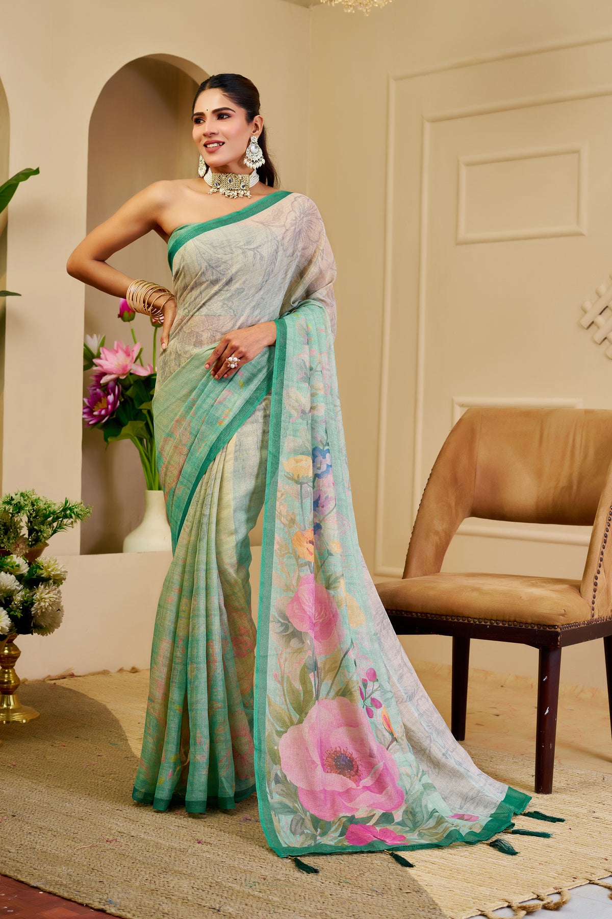 Sea Green Tissue Silk Saree with Multicolour Floral Design, Contrast Green Border and Running Blouse for Festive Wear
