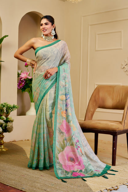 Sea Green Tissue Silk Saree with Multicolour Floral Design, Contrast Green Border and Running Blouse for Festive Wear