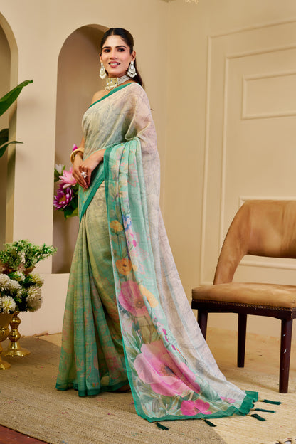 Sea Green Tissue Silk Saree with Multicolour Floral Design, Contrast Green Border and Running Blouse for Festive Wear