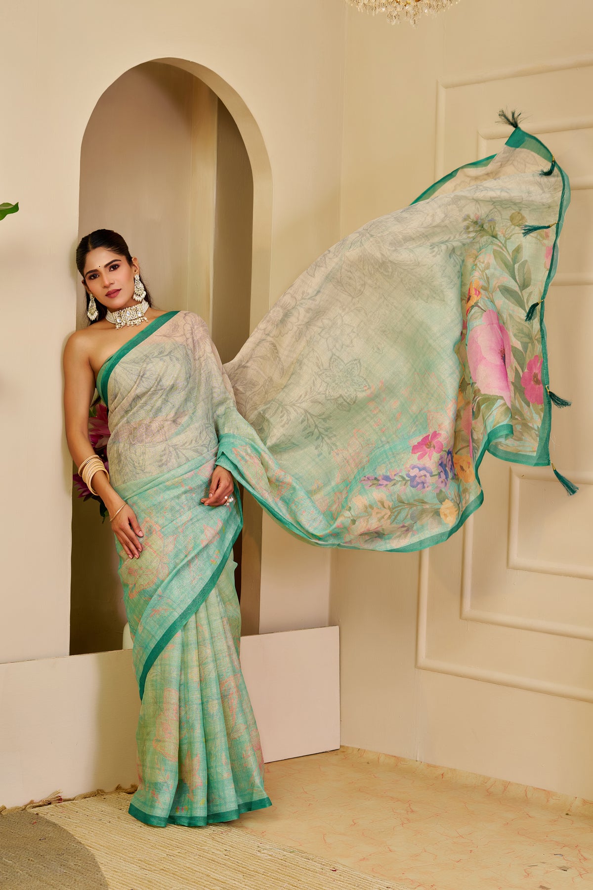 Sea Green Tissue Silk Saree with Multicolour Floral Design, Contrast Green Border and Running Blouse for Festive Wear