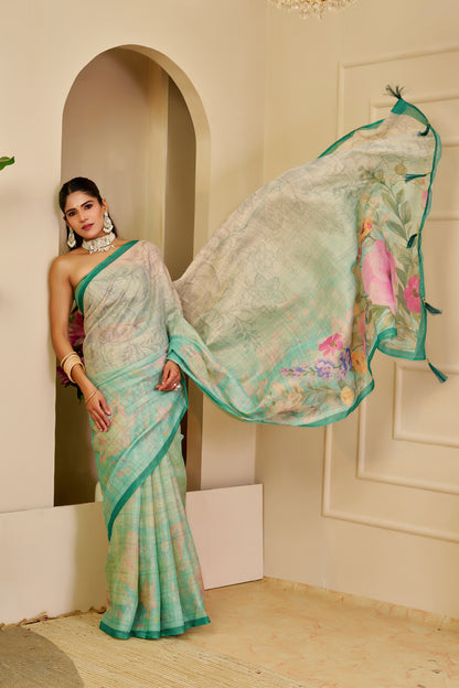 Sea Green Tissue Silk Saree with Multicolour Floral Design, Contrast Green Border and Running Blouse for Festive Wear