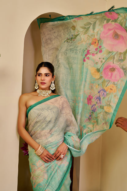 Sea Green Tissue Silk Saree with Multicolour Floral Design, Contrast Green Border and Running Blouse for Festive Wear
