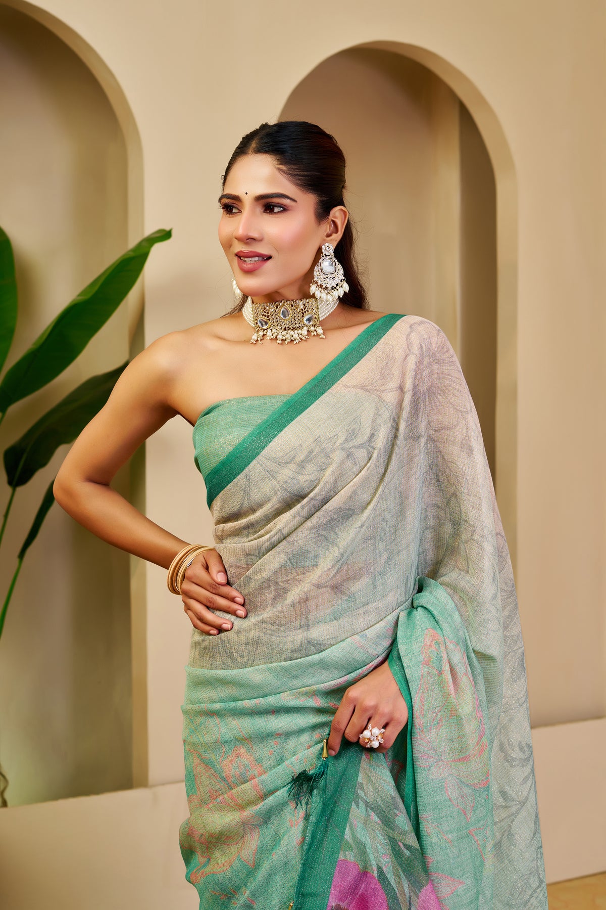 Sea Green Tissue Silk Saree with Multicolour Floral Design, Contrast Green Border and Running Blouse for Festive Wear
