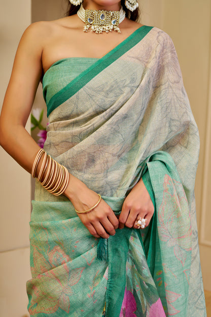 Sea Green Tissue Silk Saree with Multicolour Floral Design, Contrast Green Border and Running Blouse for Festive Wear