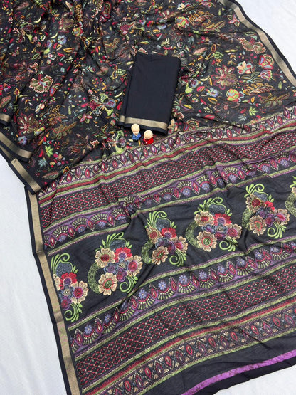 Mul Cotton Silk Kalamkari Print Saree with Zari Border – 6.30 Mtrs