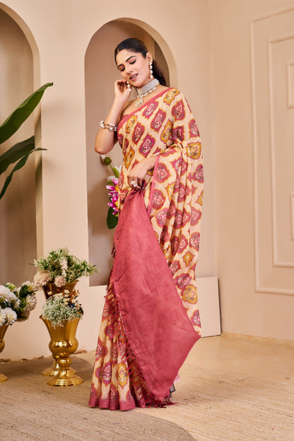 Cream and Rose Pink Tissue Silk Saree with Floral Motifs, Tasselled Pallu and Running Blouse for Festive Wear