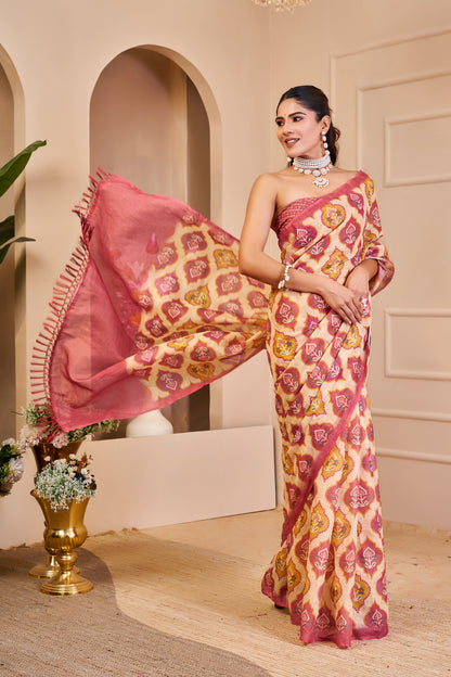 Cream and Rose Pink Tissue Silk Saree with Floral Motifs, Tasselled Pallu and Running Blouse for Festive Wear