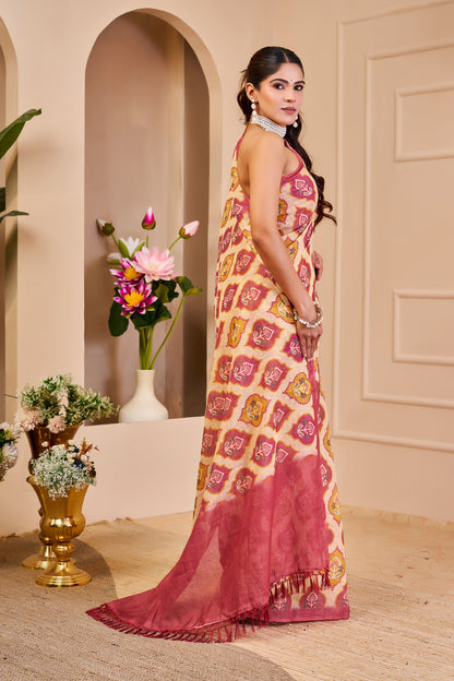 Cream and Rose Pink Tissue Silk Saree with Floral Motifs, Tasselled Pallu and Running Blouse for Festive Wear