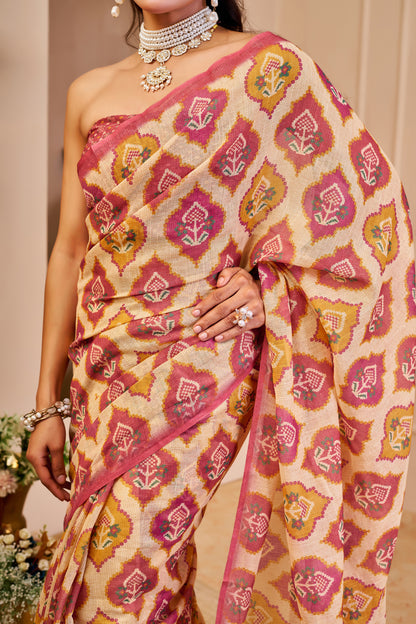 Cream and Rose Pink Tissue Silk Saree with Floral Motifs, Tasselled Pallu and Running Blouse for Festive Wear