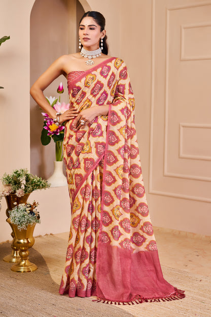 Cream and Rose Pink Tissue Silk Saree with Floral Motifs, Tasselled Pallu and Running Blouse for Festive Wear
