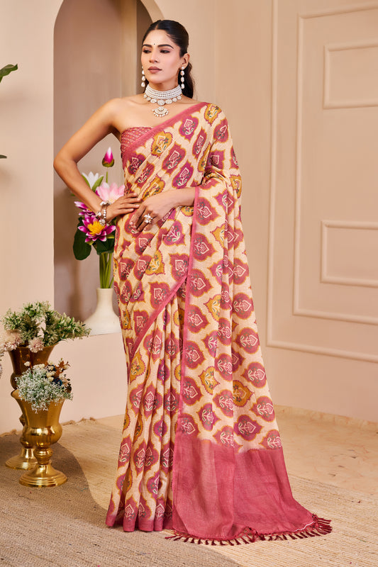 Cream and Rose Pink Tissue Silk Saree with Floral Motifs, Tasselled Pallu and Running Blouse for Festive Wear