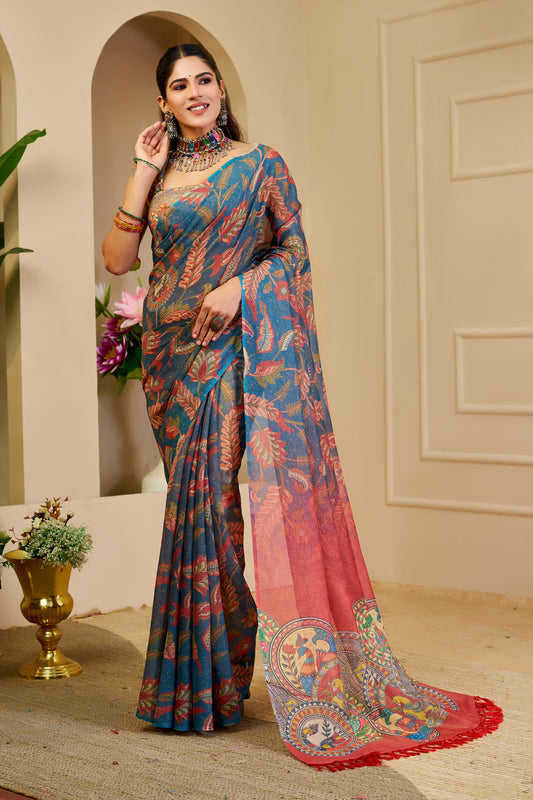 Teal Blue Tissue Silk Saree with Multicolour Floral Motifs, Coral Red Printed Pallu and Running Blouse for Festive Wear