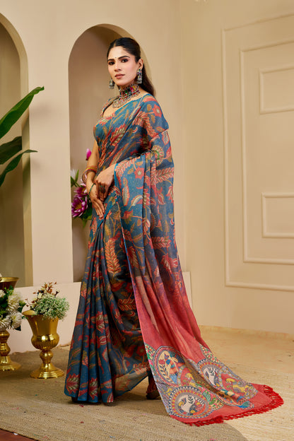 Teal Blue Tissue Silk Saree with Multicolour Floral Motifs, Coral Red Printed Pallu and Running Blouse for Festive Wear