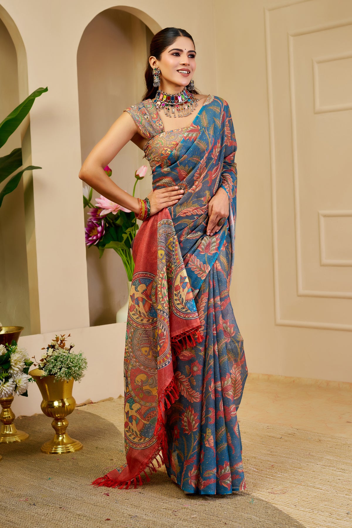 Teal Blue Tissue Silk Saree with Multicolour Floral Motifs, Coral Red Printed Pallu and Running Blouse for Festive Wear