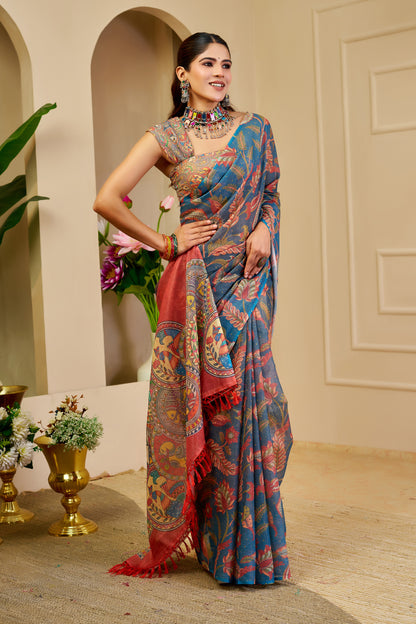 Teal Blue Tissue Silk Saree with Multicolour Floral Motifs, Coral Red Printed Pallu and Running Blouse for Festive Wear