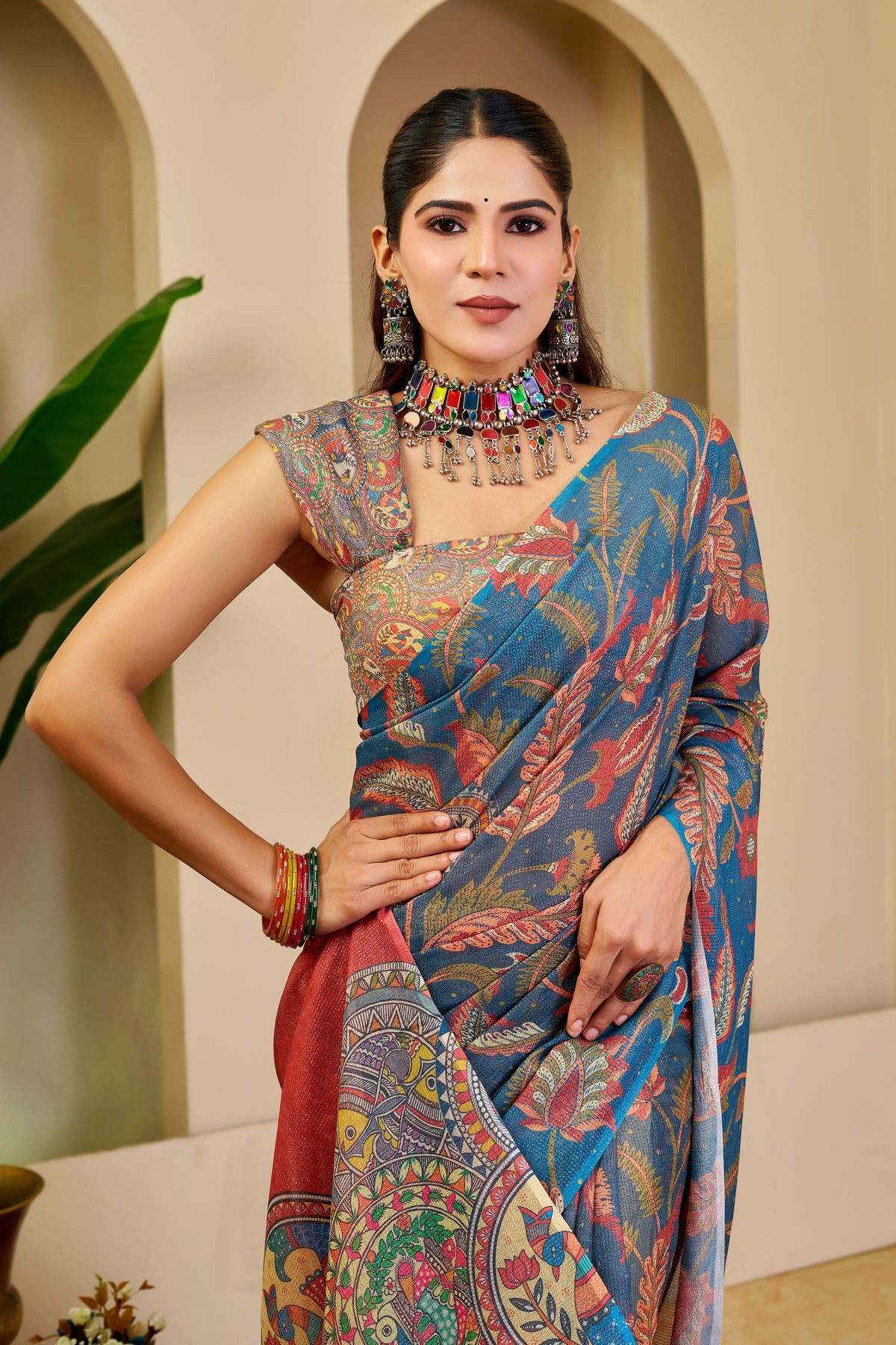 Teal Blue Tissue Silk Saree with Multicolour Floral Motifs, Coral Red Printed Pallu and Running Blouse for Festive Wear