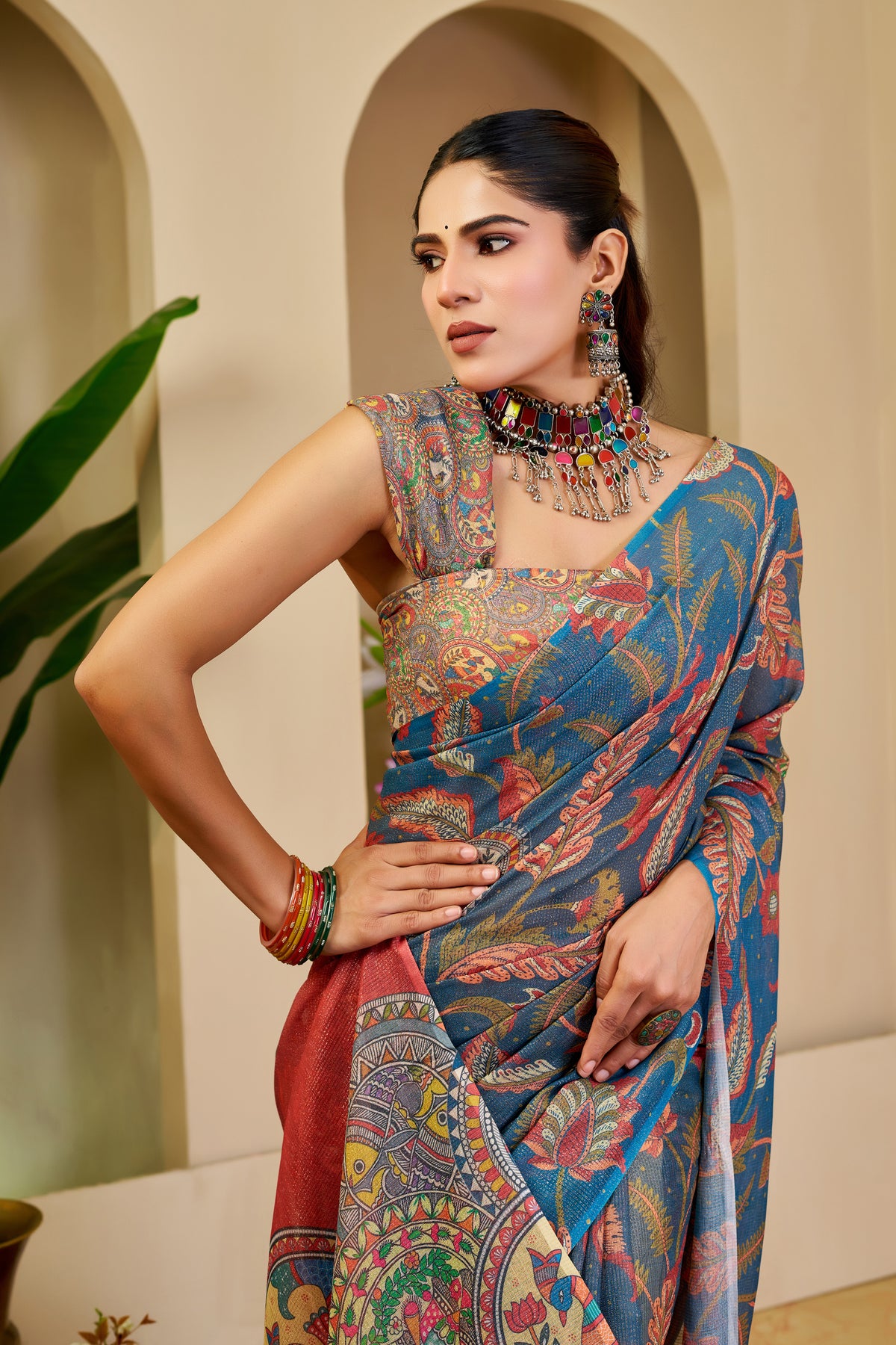 Teal Blue Tissue Silk Saree with Multicolour Floral Motifs, Coral Red Printed Pallu and Running Blouse for Festive Wear